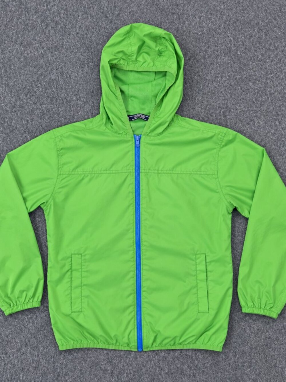 Lands’ End Kids Hooded Windbreaker Jacket Green Blue Zip Size L 14-16